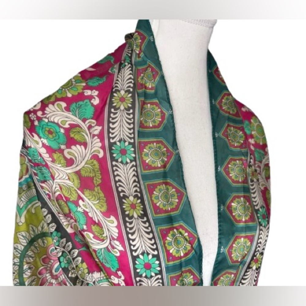 NWT 100% Silk Long Scarf Wrap Mandala Floral Boho Pink Aqua Blue Teal NEW - Picture 10 of 14